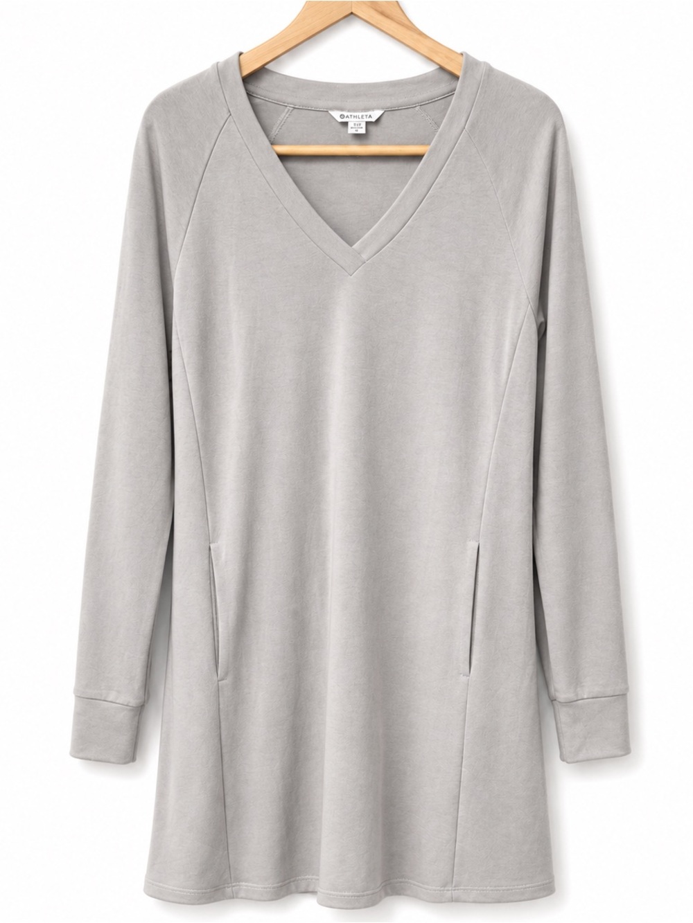 Athleta Seasoft V-Neck Midi Dress Small Petite Gray Taupe‎ Pockets Soft Modal